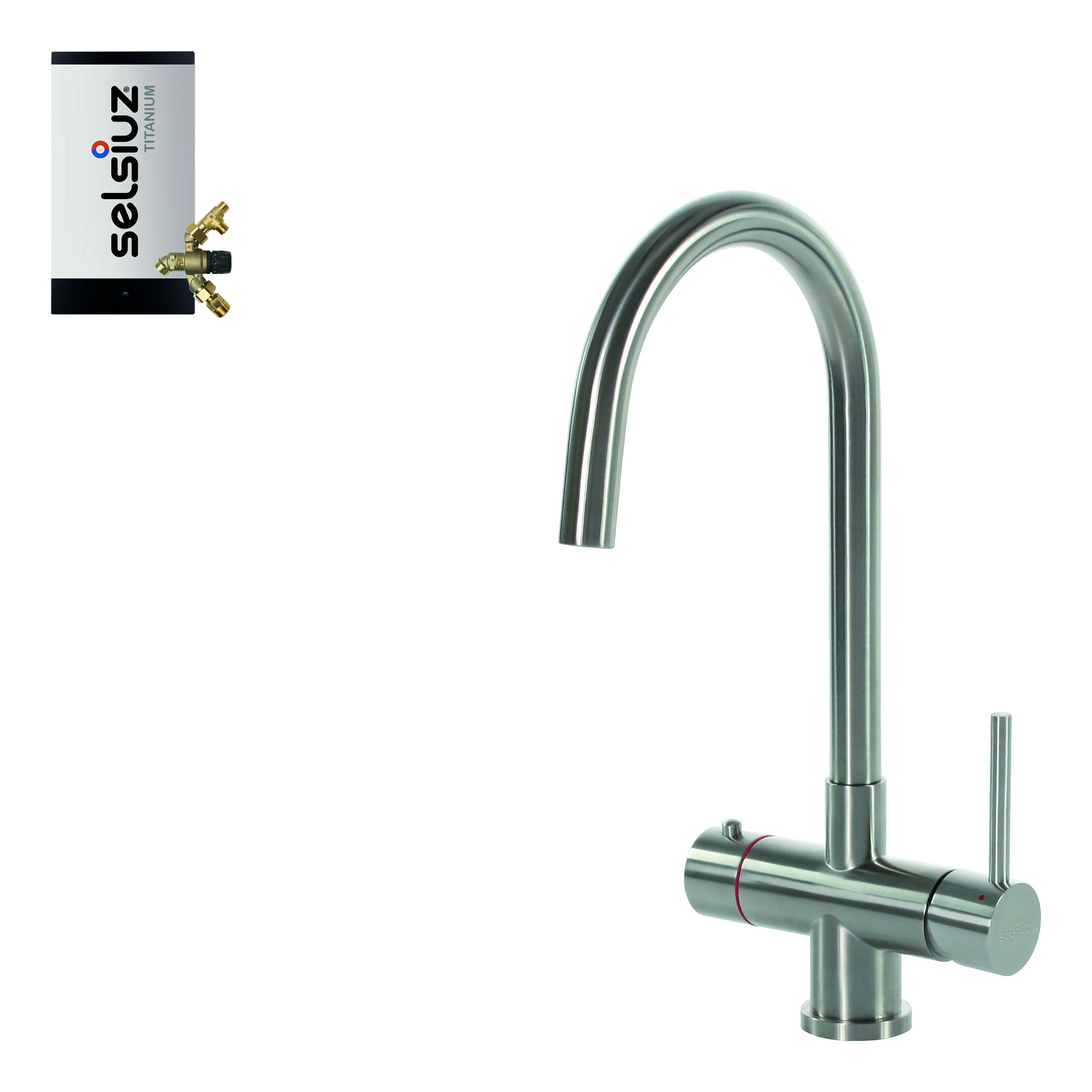 Selsiuz Inox kokend water kraan met titanium combi extra boiler en C-uitloopkraan inox