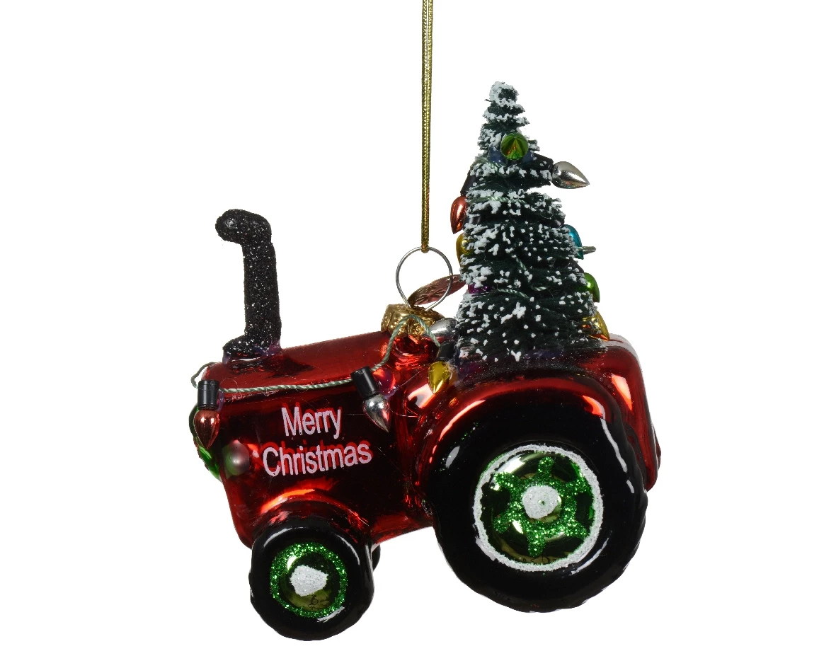 Decoris kerstornament glas kerst tractor 9.7cm