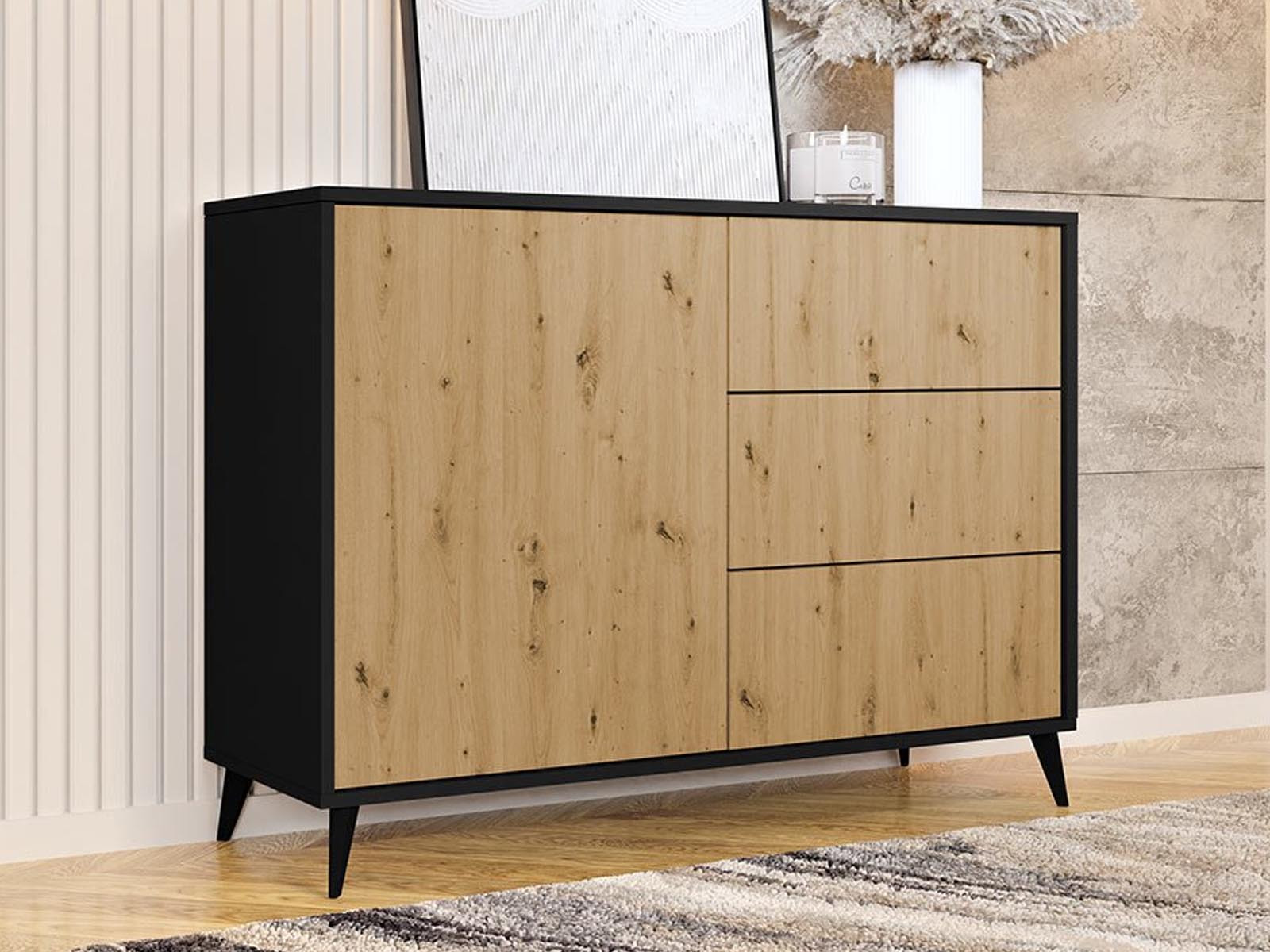 Commode OVERMARS 1 deur 3 lades zwart/artisan eik