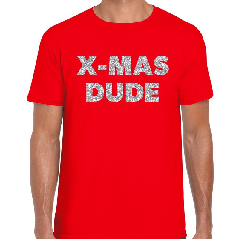 Foute Kerst t-shirt X-mas dude zilver glitter op rood heren