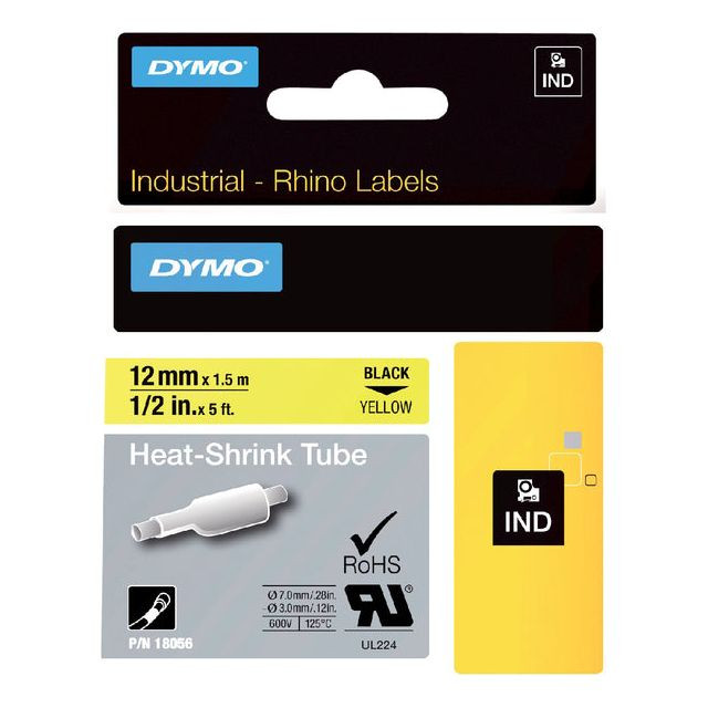 Labeltape Dymo Rhino 18056 krimpkous 12mmx1.5m zwart op gl