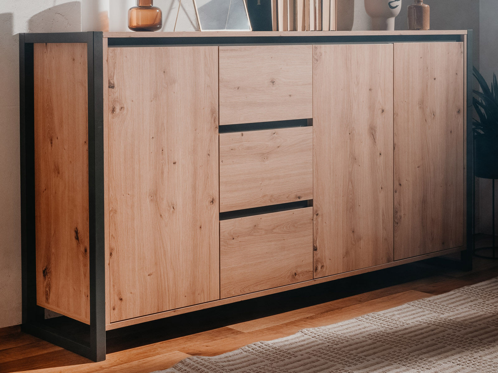 Dressoir DENZEL 3 deuren 3 lades eik artisanaal/antraciet