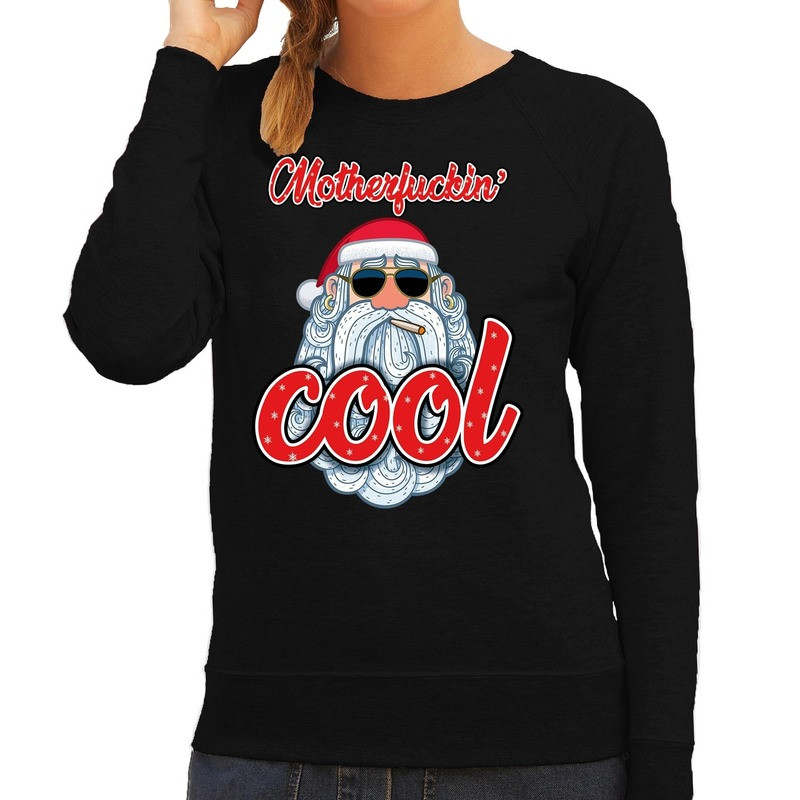 Foute kersttrui stoere kerstman motherfucking cool zwart dames