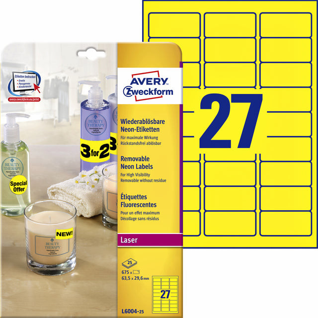 Avery afneembare neon etiketten ft 63,5 x 29,6 mm (b x h), doos van 675 stuks (25 vel van 27), neongeel