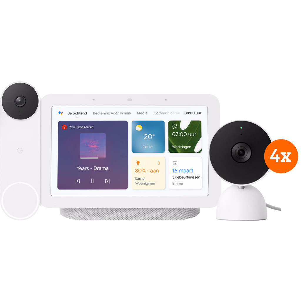 Google Nest Cam Indoor Wired 4-pack + Nest Deurbel + Nest Hub 2