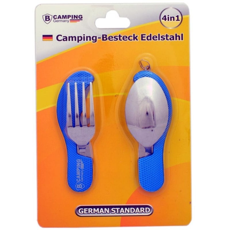 4-in-1 Inklapbaar Camping Bestek - Vork / Lepel / Mes / Flesopener - Roestvrij staal - Survival Bestek Blauw