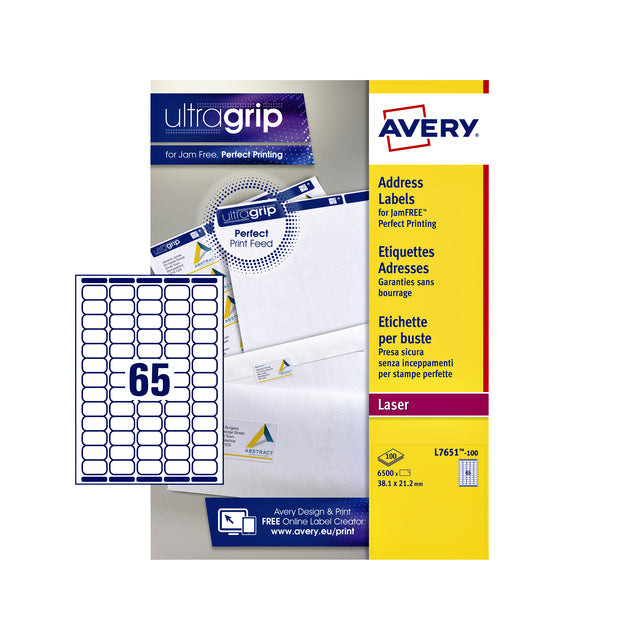 Avery L7651, Verzendetiketten, Laser, Ultragrip, wit, 100 vellen, 65 per vel, 38,1 x 21,2 mm