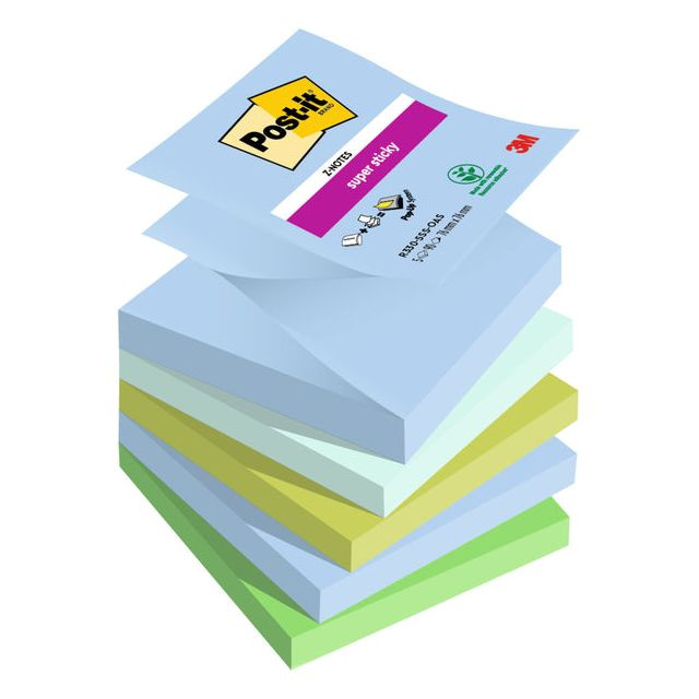 Post-it Super Sticky Z-notes Oasis, 90 vel, ft 76 x 76 mm, geassorteerde kleuren, pak van 5 blokken