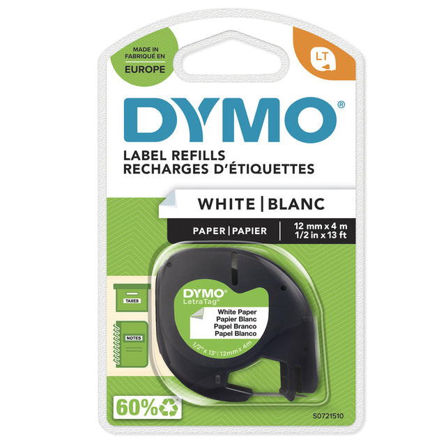 Labeltape Dymo Letratag 91200 papier 12mm zwart op wit | 1 stuk