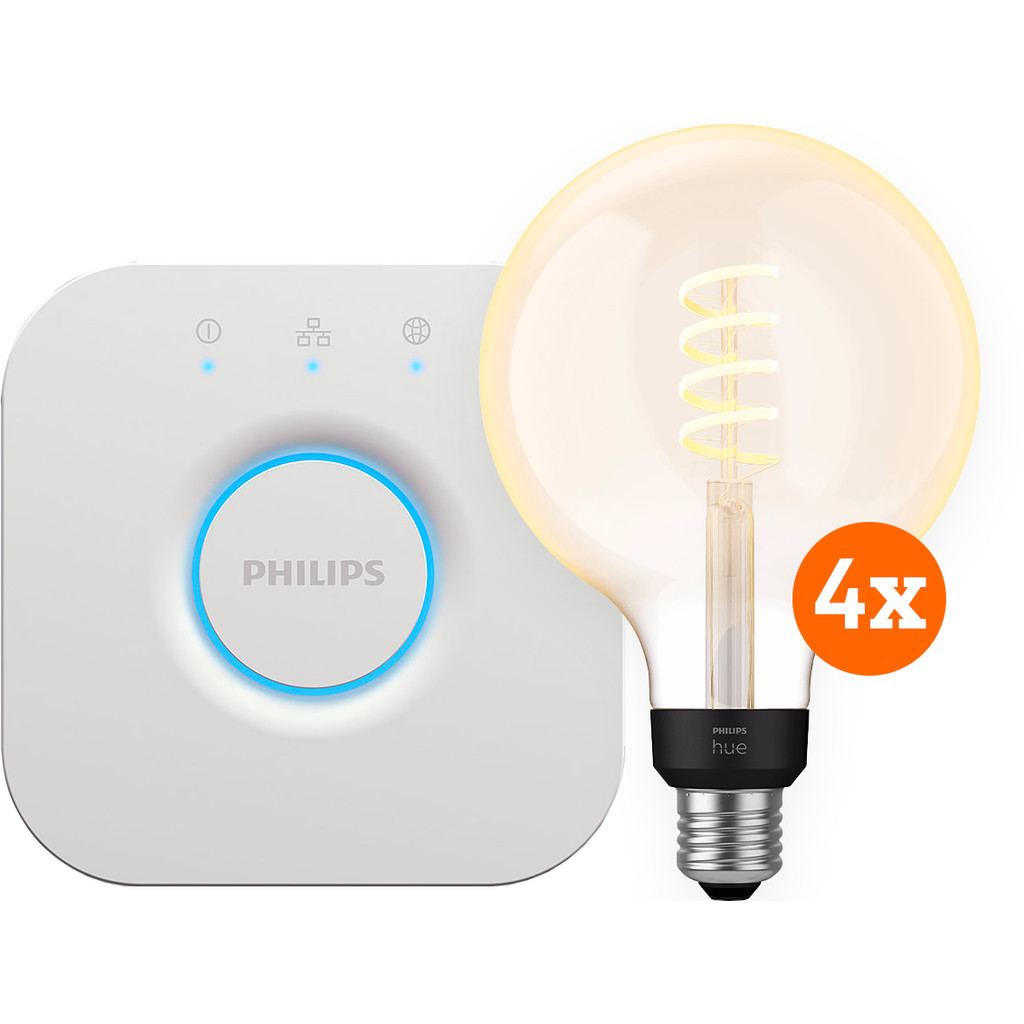 Philips Hue Filament White Ambiance Globe XL 4-Pack + Bridge