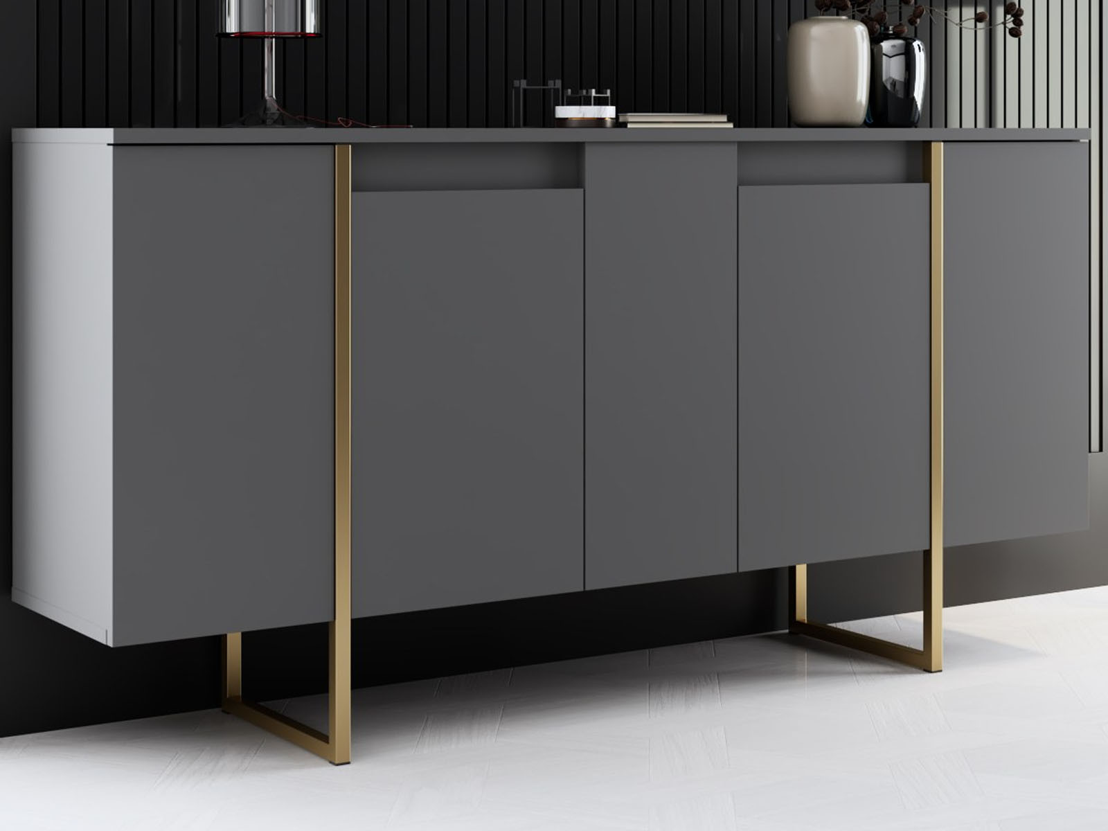 Dressoir LUXANA 4 deuren antraciet/goud