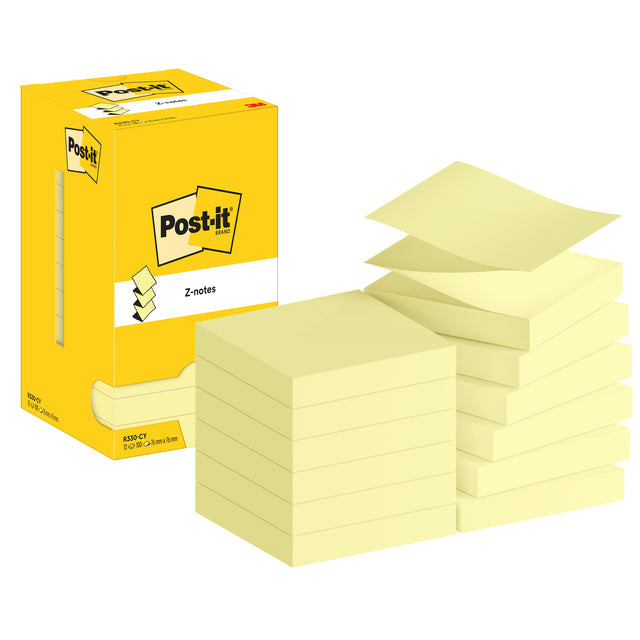 Post-It Z-Notes , 100 vel, ft 76 x 76 mm, geel, pak van 12 blokken