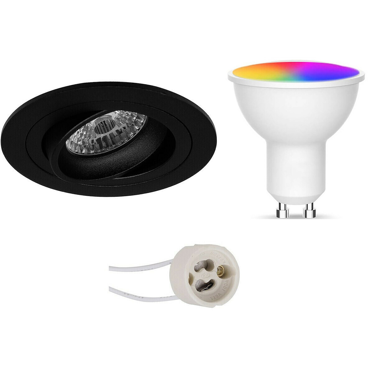 LED Spot Set GU10 - Facto - Smart LED - Wifi LED - Slimme LED - 5W - RGB+CCT - Aanpasbare Kleur - Dimbaar - Pragmi Alpin Pro - Inbouw Rond - Mat Zwart - Kantelbaar Ø92mm