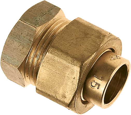 Bonfix 3-delige rechte koppeling - 1/2" x 15mm - met vlakke dichting voor gas - binnendraad x capillair - messing