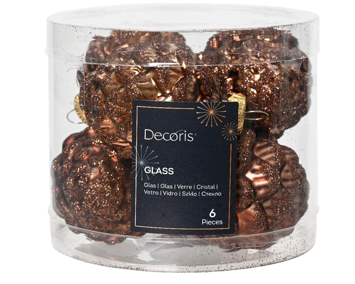 Decoris Kerstballen glas dennenappel 6st Espresso 5x7cm