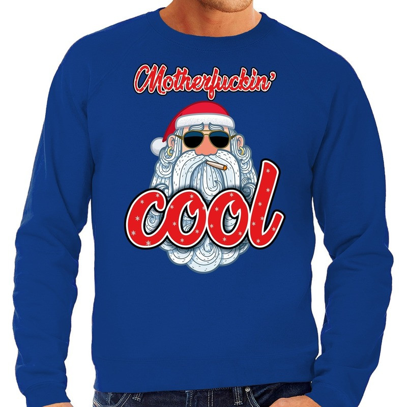 Foute Kersttrui stoere kerstman motherfucking cool blauw heren