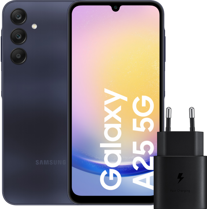 Samsung Galaxy A25 128GB Donkerblauw 5G + Samsung Oplader 25 Watt Zwart