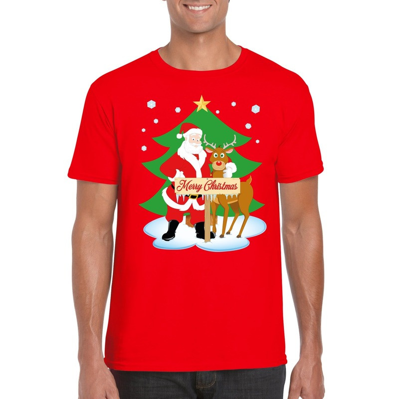 Foute Kerst t-shirt kerstman en rendier Rudolf rood heren