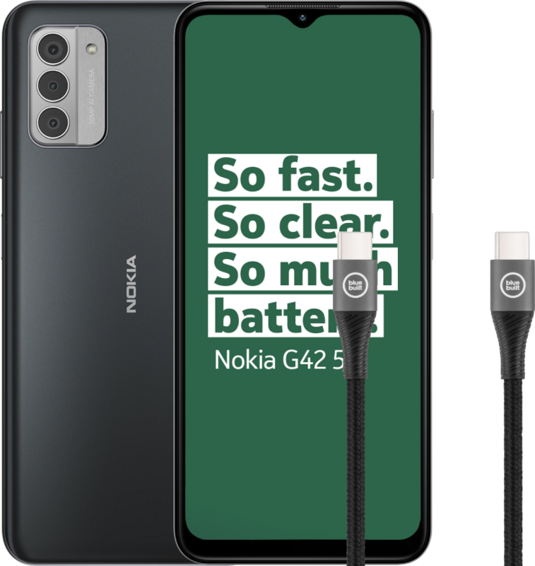 Nokia G42 128GB Zwart 5G + BlueBuilt Usb C Kabel 1,5m Nylon Zwart