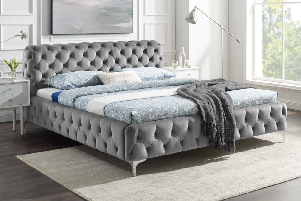 Design tweepersoonsbed MODERN BAROK 160x200cm grijs fluweel Chesterfield - 43255