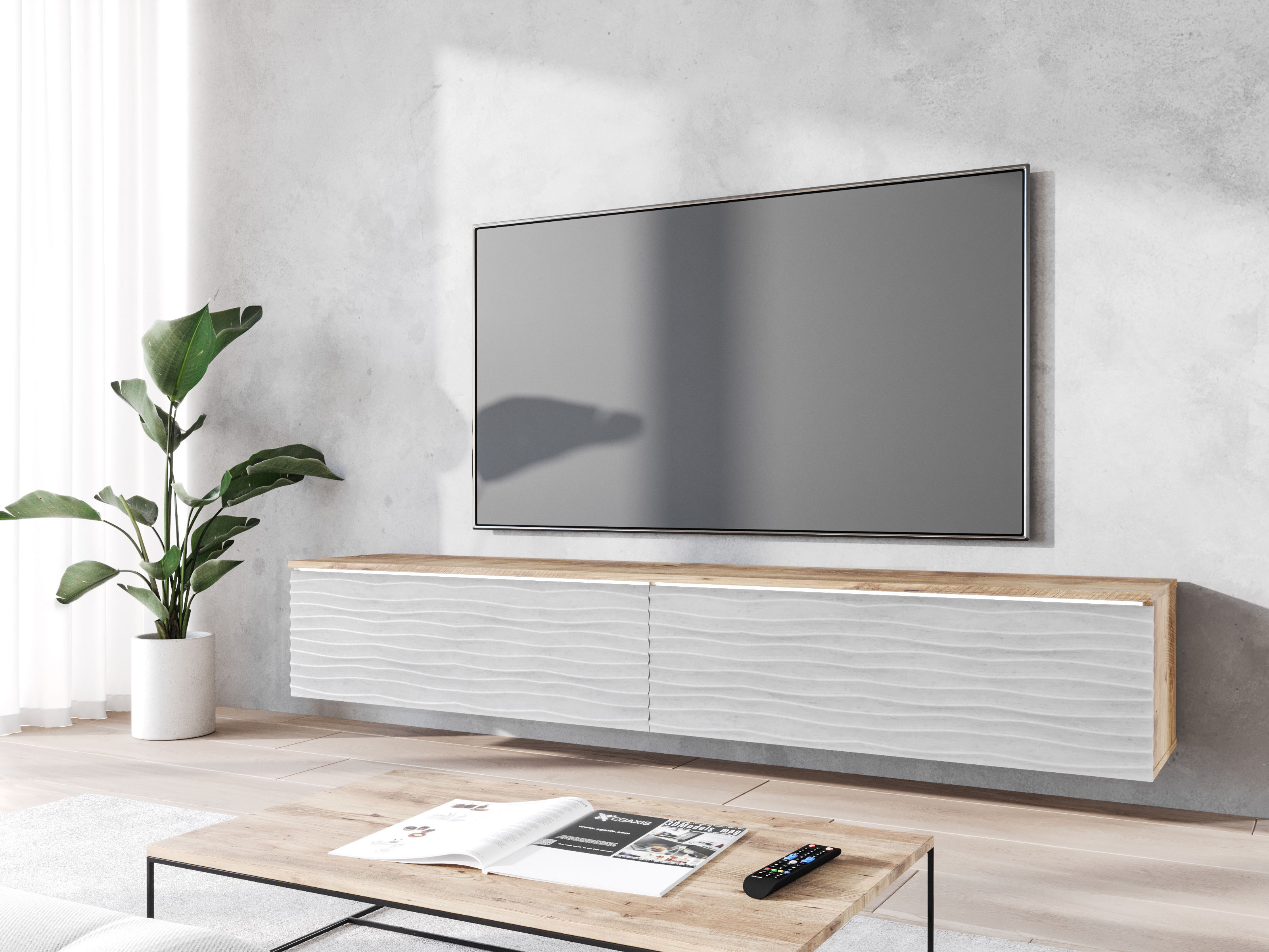 Tv-meubel DONATIEN 2 klapdeuren 180 cm beton/kastanje met led