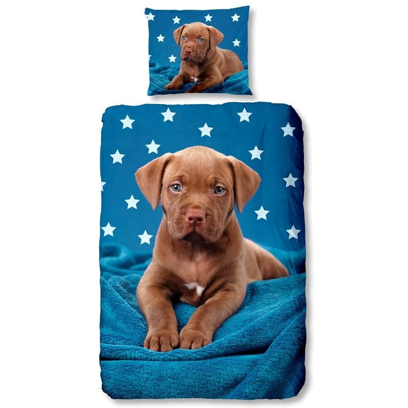 Kinderdekbedovertrek Dekbedovertrek Pup - 200x140 cm Blauw - Dessin: Dieren - Good Morning - Dekbed-Discounter.nl