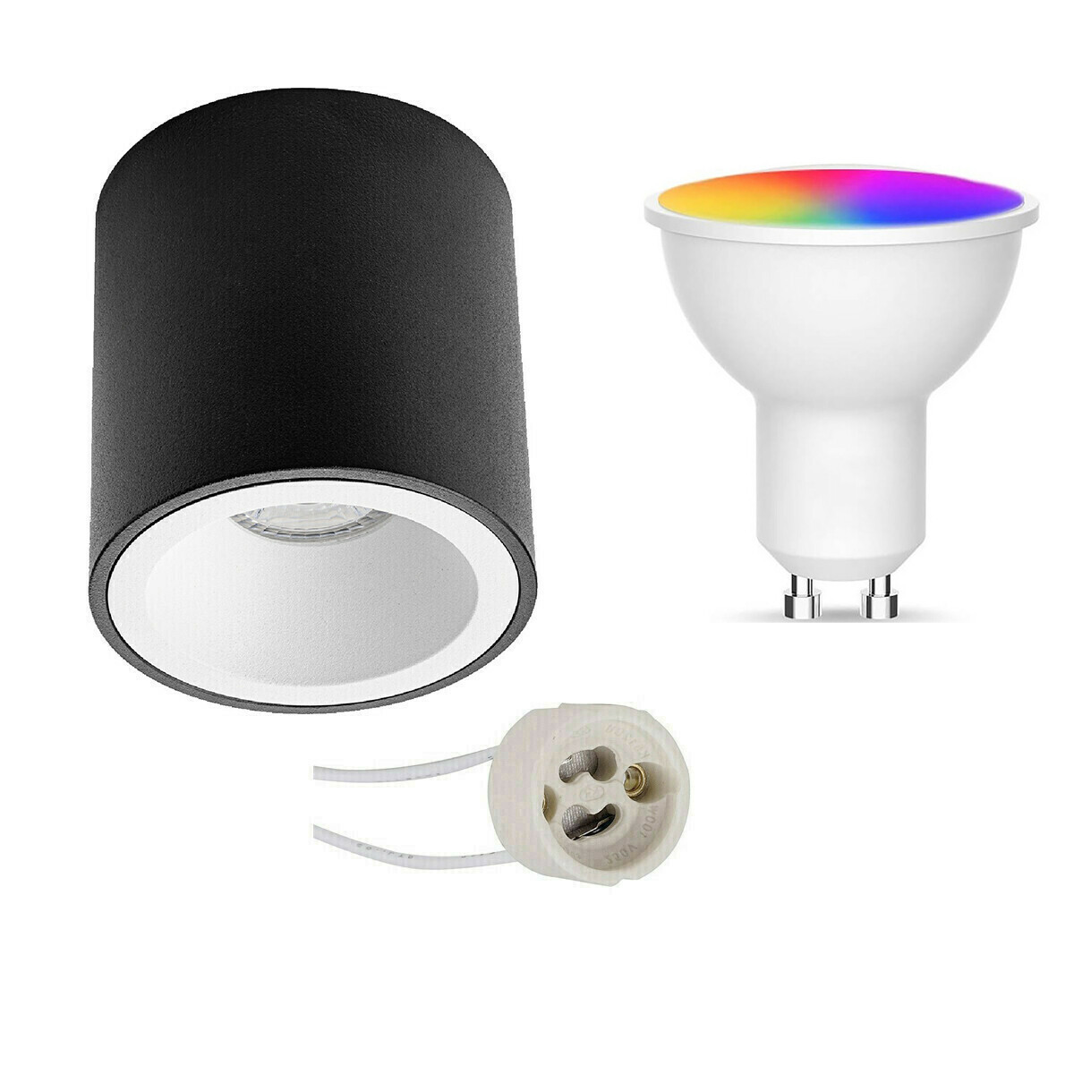 Opbouwspot Set GU10 - Facto - Smart LED - Wifi LED - Slimme LED - 5W - RGB+CCT - Aanpasbare Kleur - Dimbaar - Pragmi Cliron Pro - Opbouw Rond - Mat Zwart/Wit - Verdiept - Ø90mm