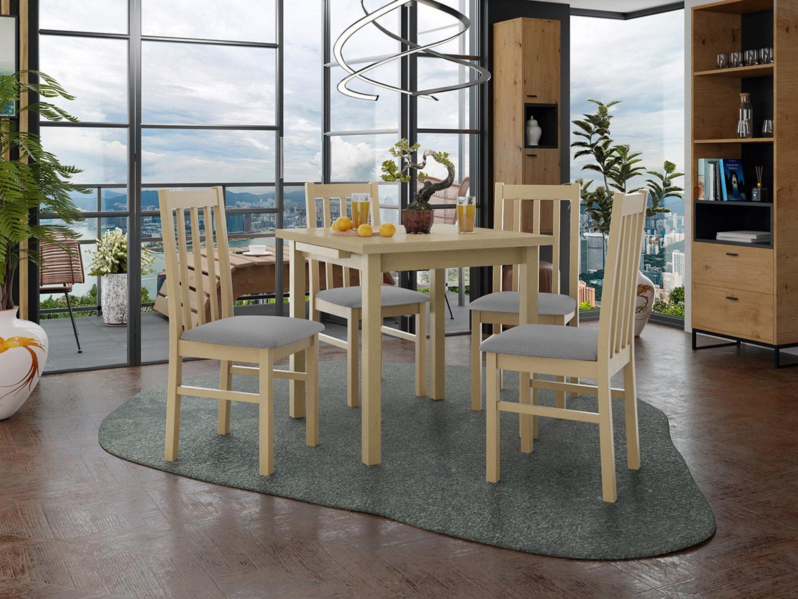 Eettafel ALITORA 80>110 cm sonoma met 4 stoelen en grijze kussens