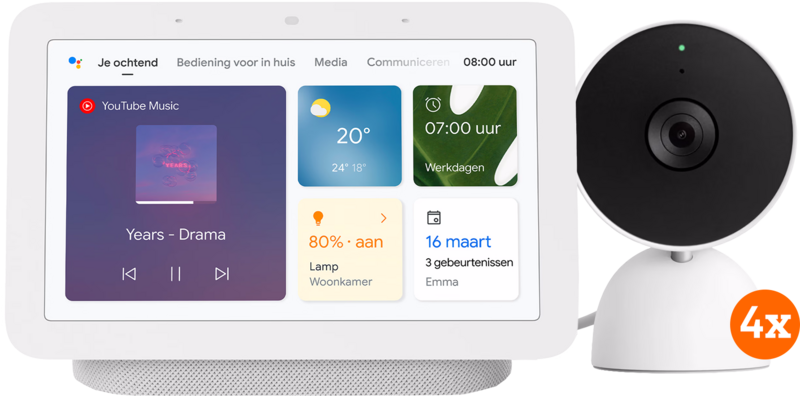 Google Nest Cam Indoor Wired 4-pack + Google Nest Hub 2