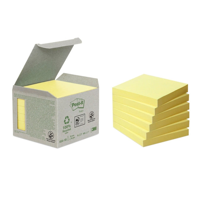 Post-it Recycled notes, 100 vel, ft 76 x 76 mm, geel, pak van 6 blokken