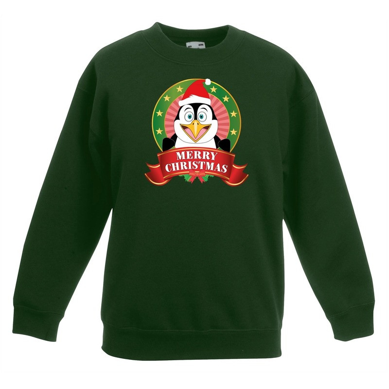 Kersttrui met een pinguin groen jongens en meisjes