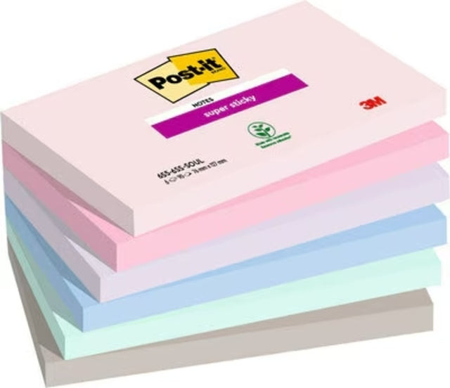 Post-it Super Sticky notes Soulful, 90 vel, ft 76 x 127 mm, geassorteerde kleuren, pak van 6 blokken