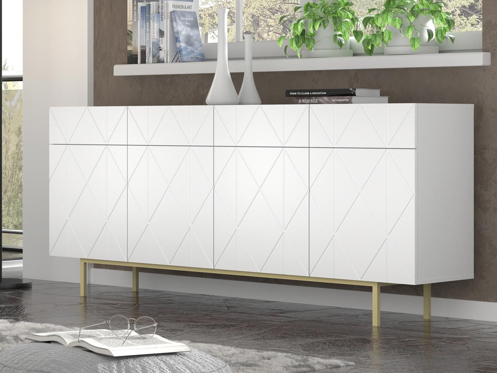 Dressoir KAIRAN 4 deuren wit/goud