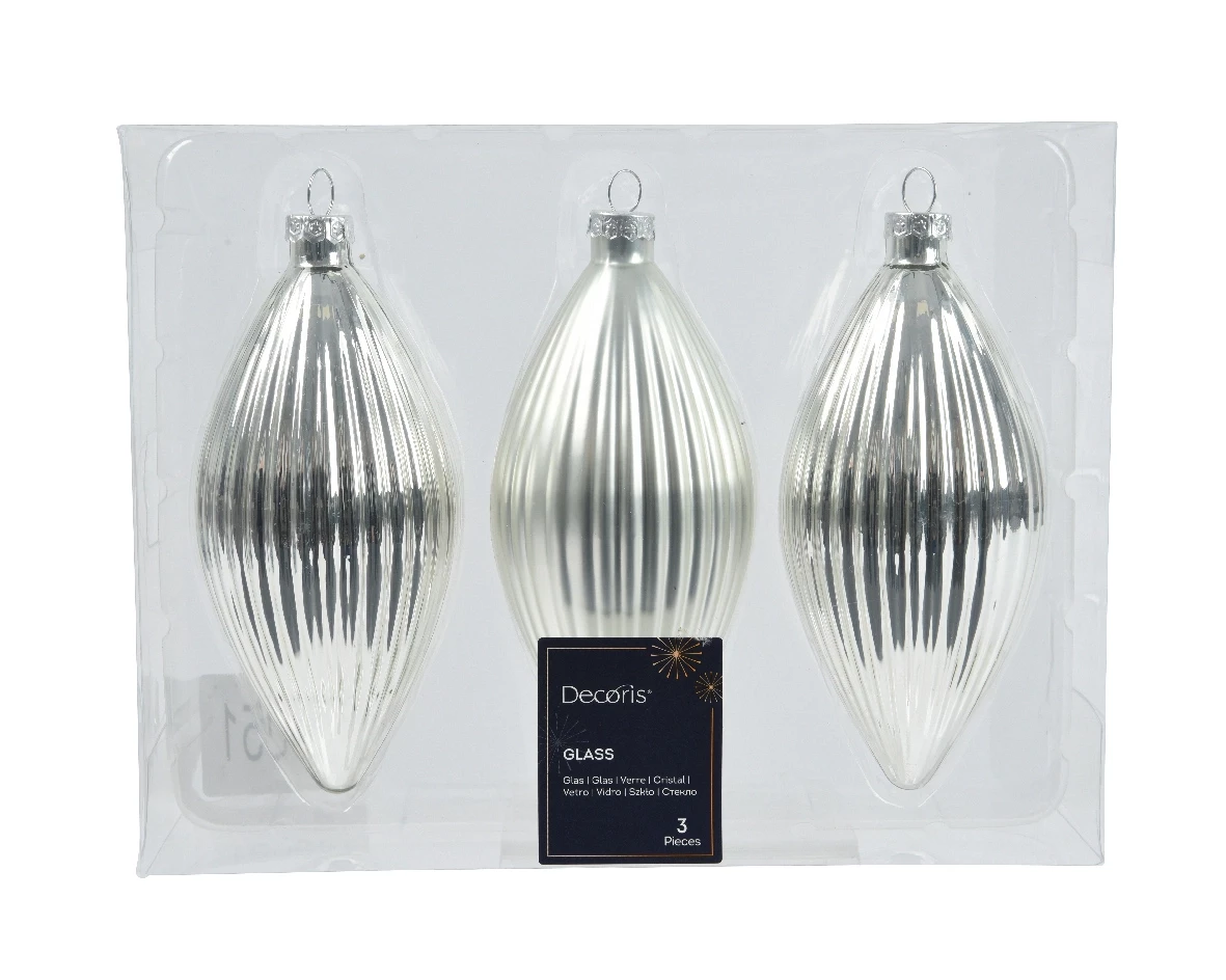 Decoris kerstornament glas olijf 3st Zilver 13cm