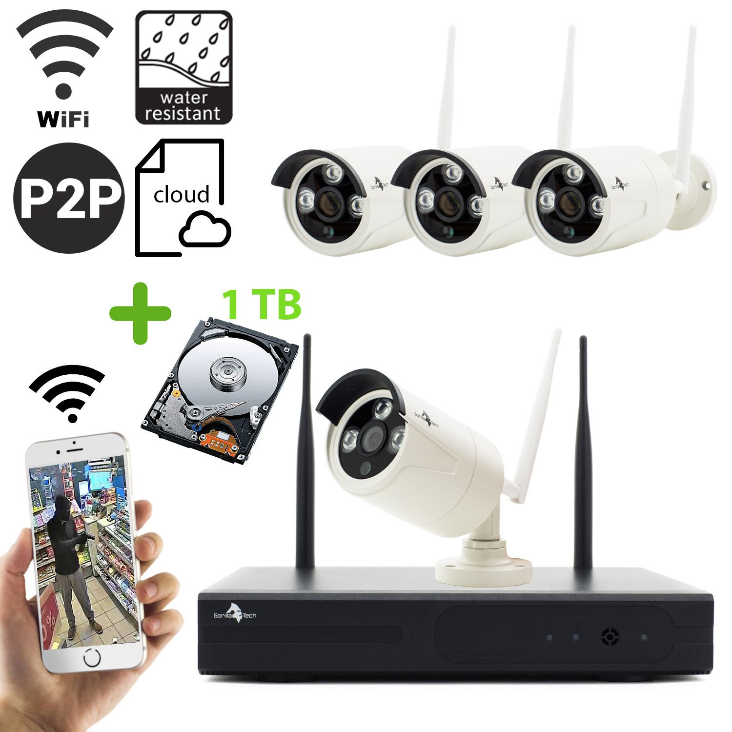 Wireless WiFi Full HD Beveiligingscamera set met 4 Cameras Outdoor incl. 1TB Harde Schijf