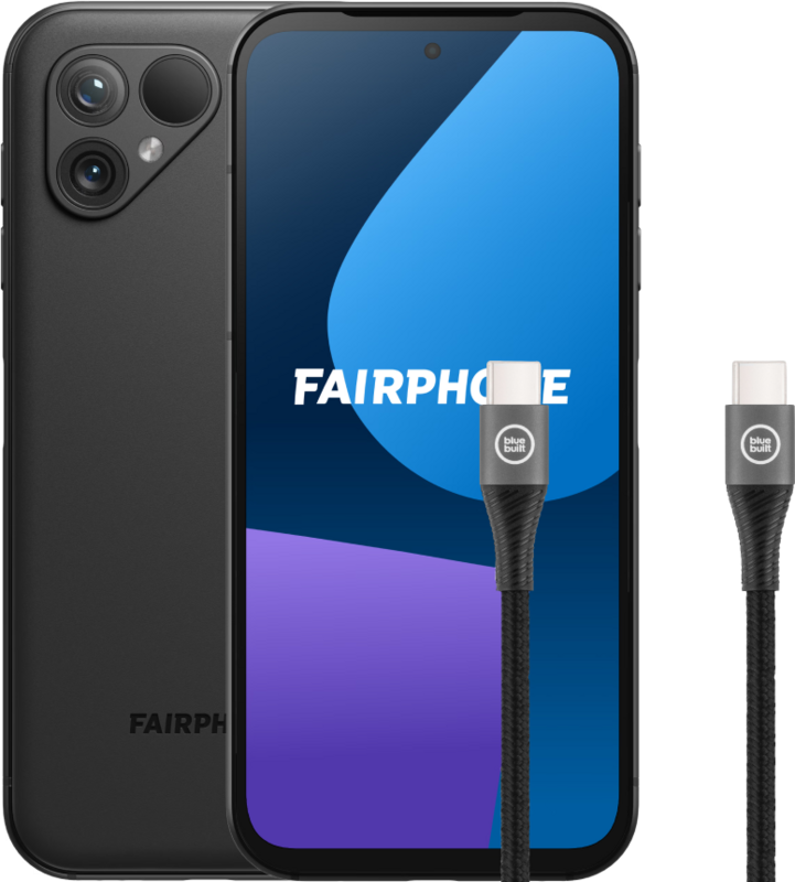 Fairphone 5 256GB Zwart 5G + BlueBuilt Usb C Kabel 1,5m Nylon Zwart