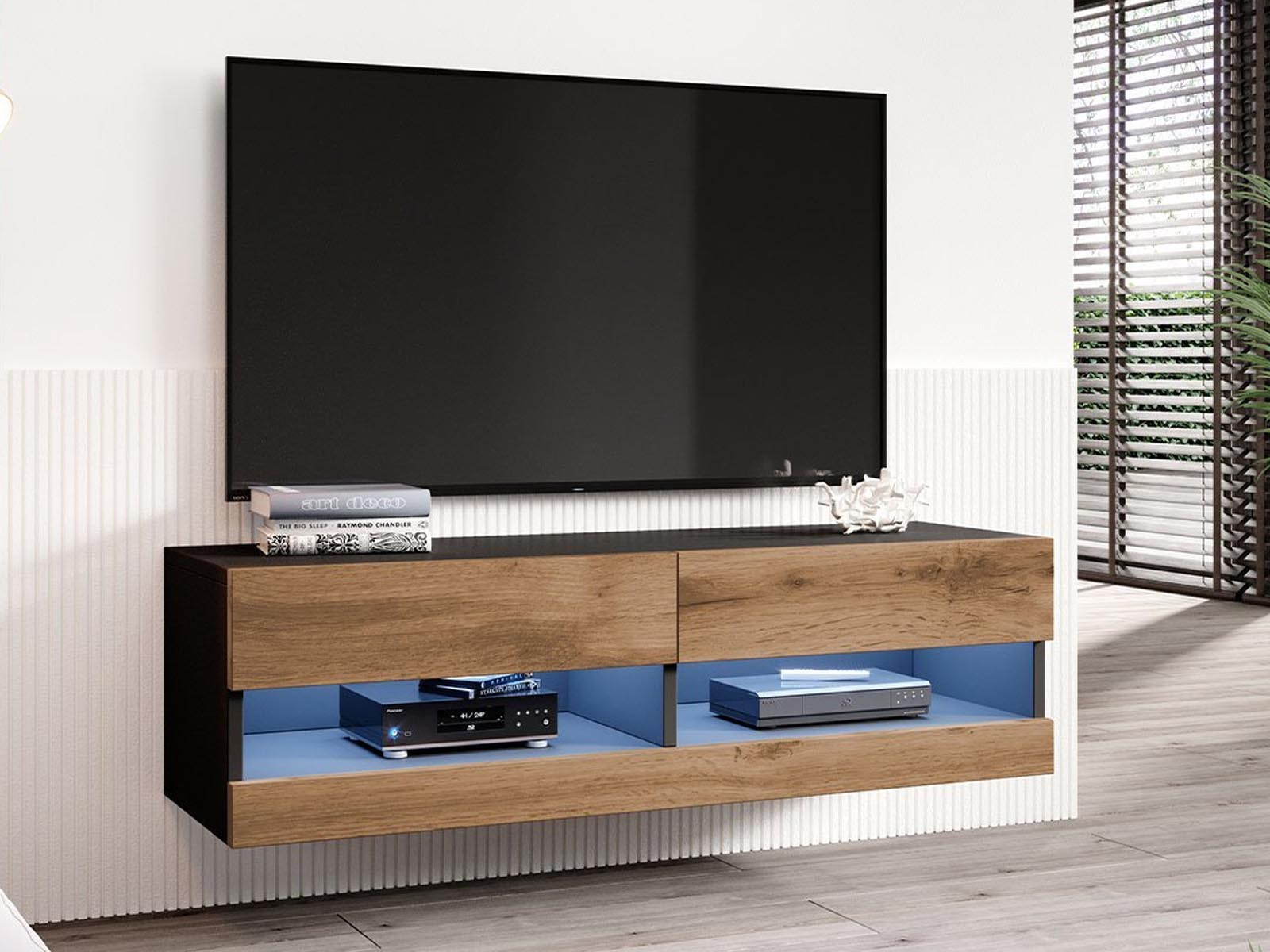 Tv-meubel ZIGGY II 2 deuren 140 cm zwart/wotan eik met led