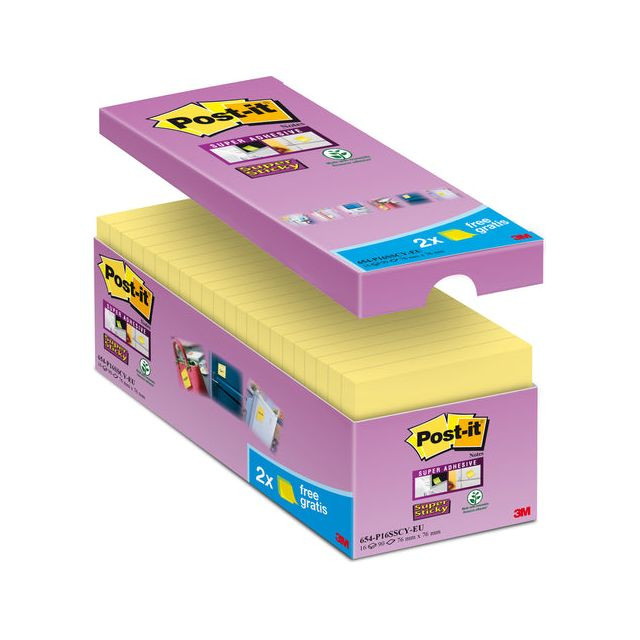 Post-it Super Sticky notes, 90 vel, ft 76 x 76 mm, geel, pak van 14 blokken + 2 gratis