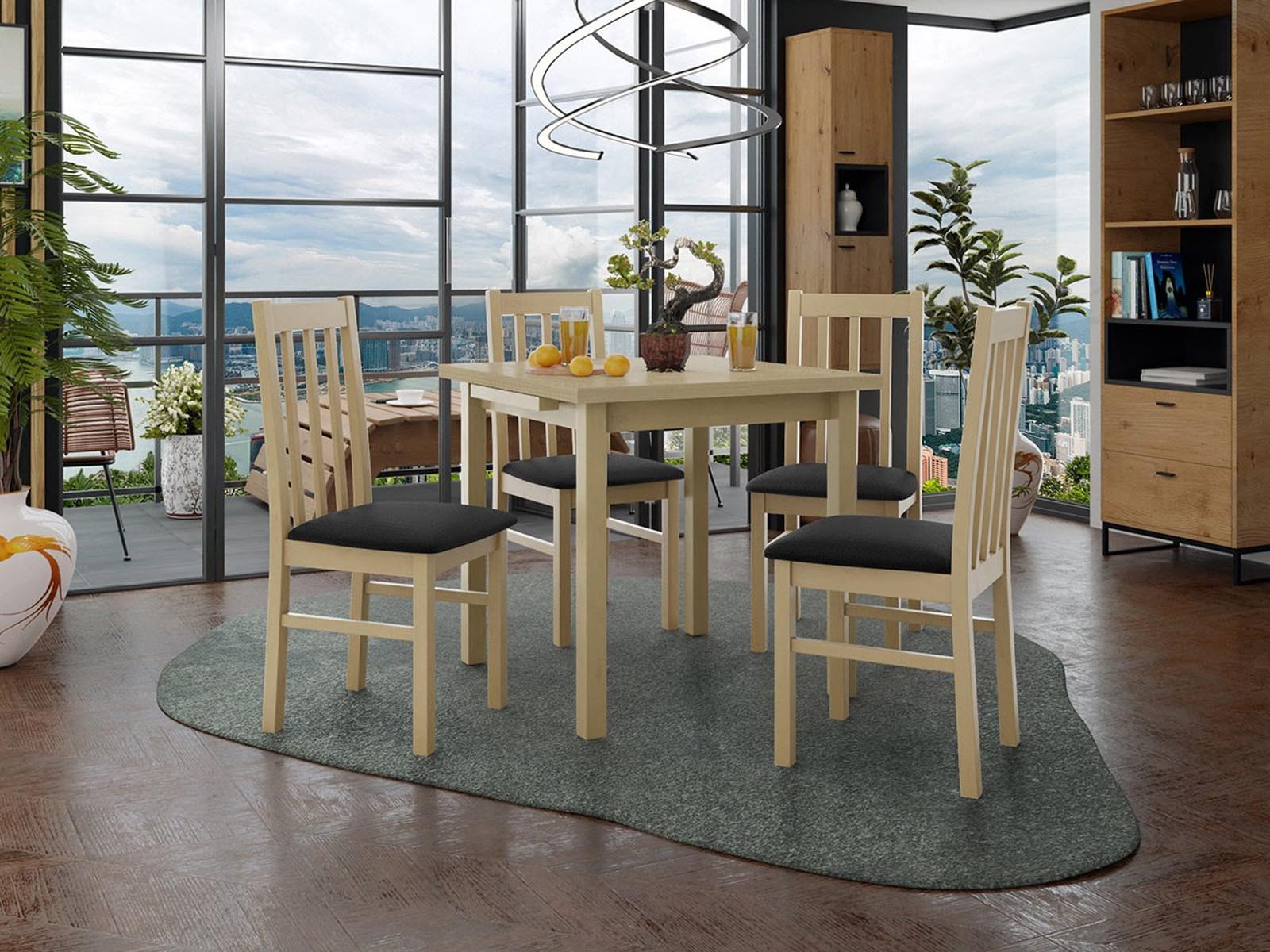 Eettafel AMENO 80>110 cm sonoma met 4 stoelen en zwarte kussens