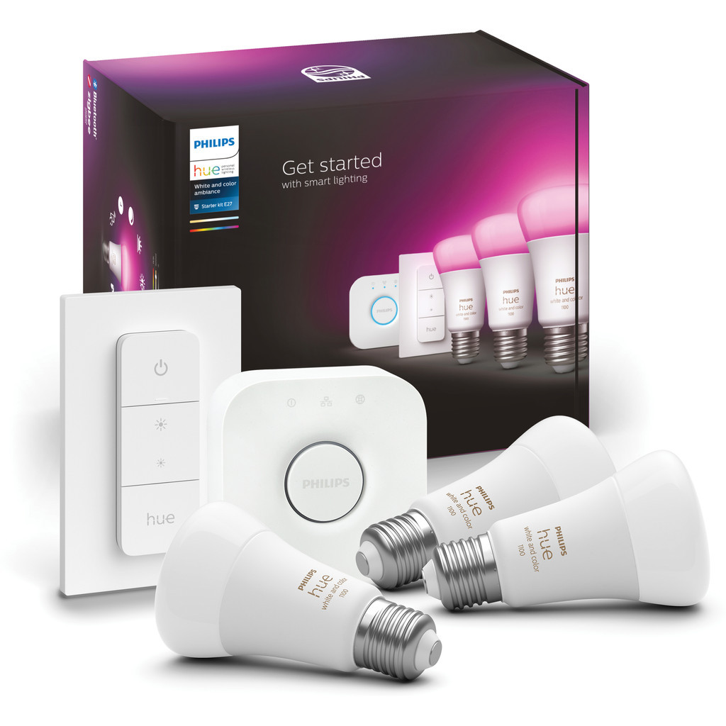 Philips Hue White & Color Starter Pack E27 met 3 lampen, dimmer + Bridge