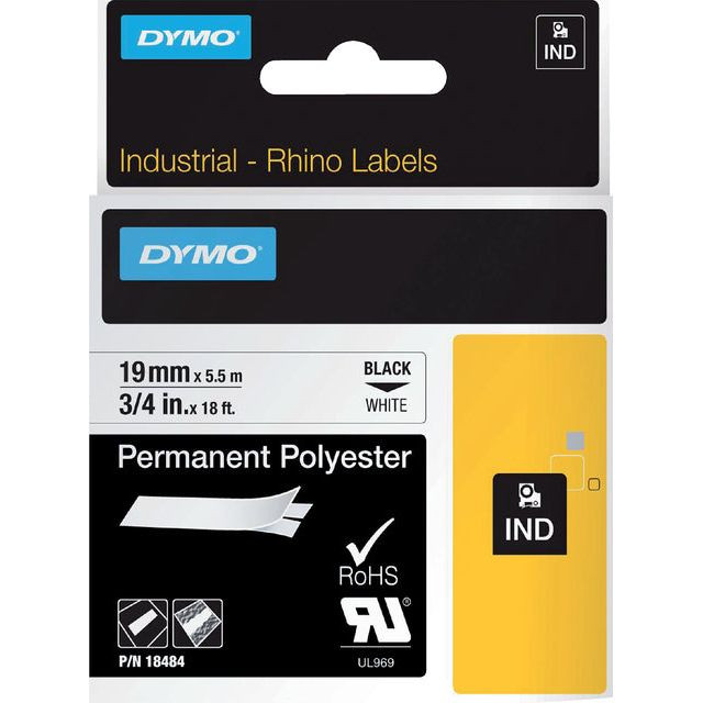 Dymo RHINO permanente polyester tape 19 mm, zwart op wit