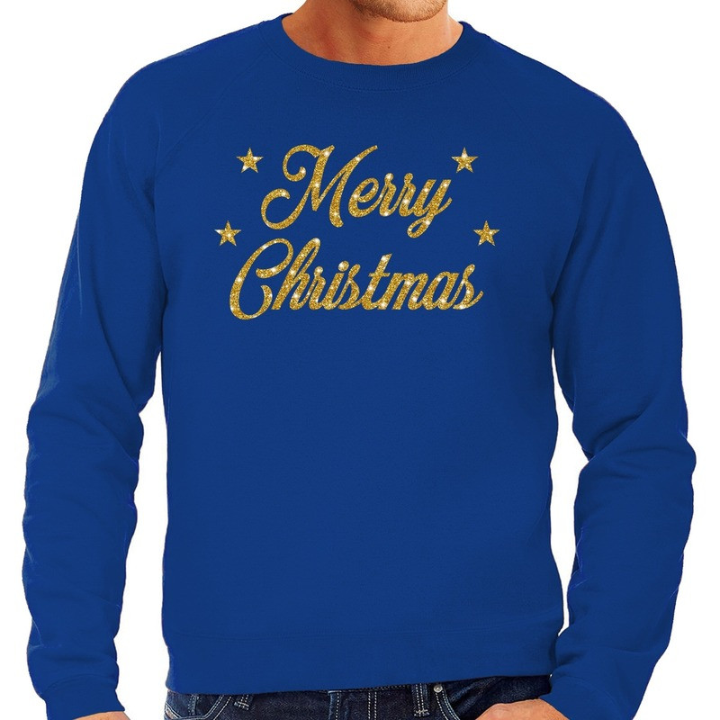 Kersttrui Merry Christmas gouden glitter letters blauw heren