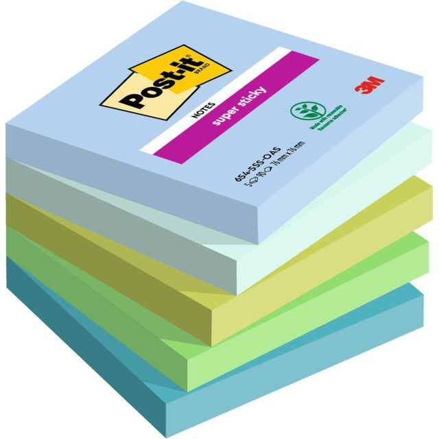 Post-it Super Sticky notes Oasis, 90 vel, ft 76 x 76 mm, geassorteerde kleuren, pak van 5 blokken