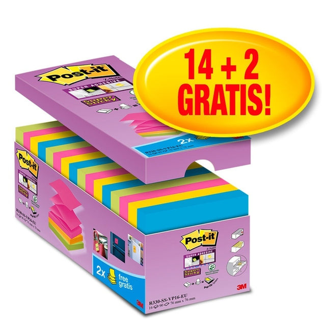 Post-it Super Sticky Z-notes, 90 vel, ft 76 x 76 mm, doos van 14 + 2 gratis, geassorteerde kleuren