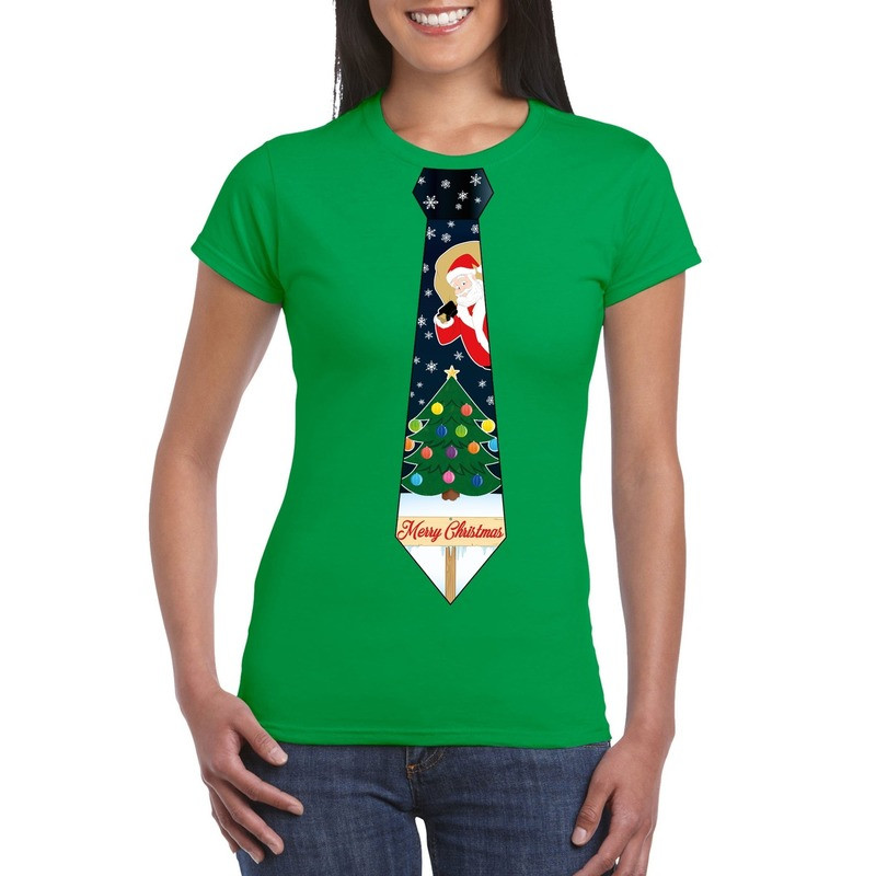 Fout kerst t-shirt groen met kerstboom stropdas voor dames