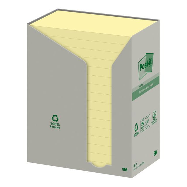 Post-it Recycled notes, 100 vel, ft 76 x 127 mm, geel, pak van 16 blokken