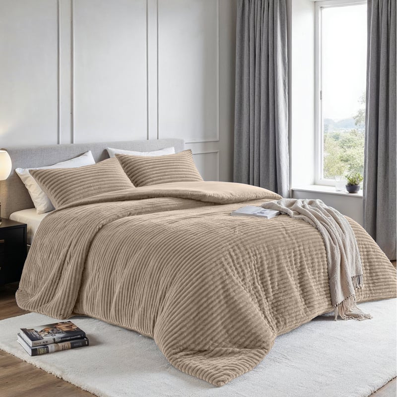 Dekbedovertrek Teddy Rib - Lits-Jumeaux (240x220 cm) - Taupe Microvezel - Dessin: Strepen - Fresh & Co - Dekbed-Discounter.nl