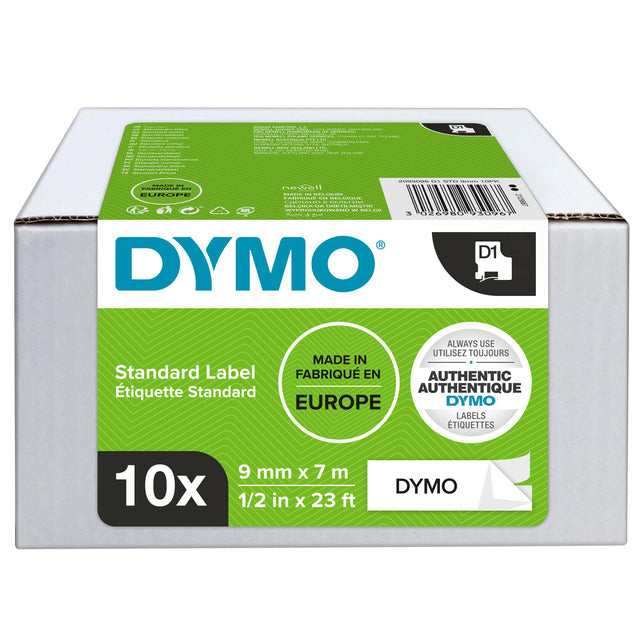 Dymo D1 tape 9 mm, zwart op wit, pak van 10 stuks