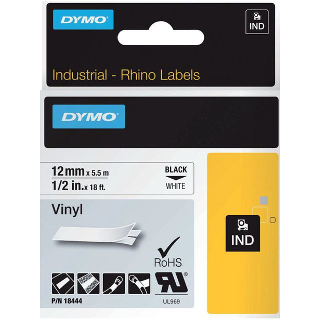 Dymo RHINO vinyltape 12 mm, zwart op wit