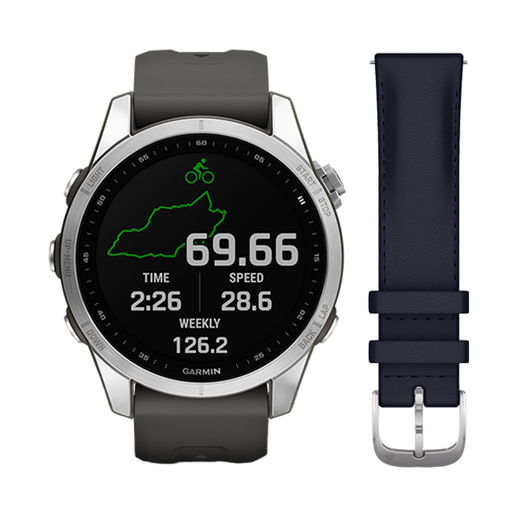 Garmin Fenix 7S Zilver/Grijs 42mm + Garmin Leren Bandje Blauw 20mm